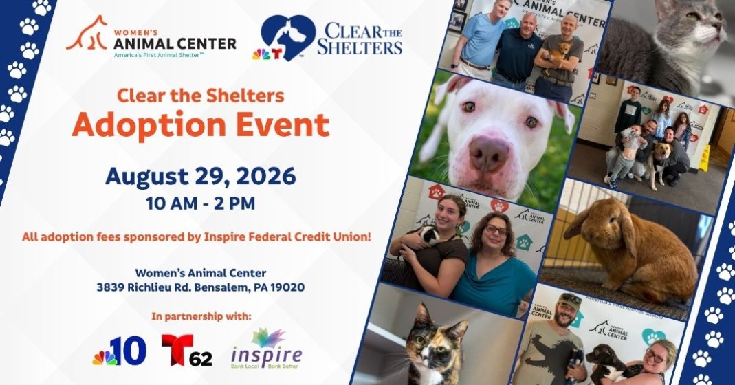 Clear The Shelters Adoption Event. August 29, 2026 from 10 AM- 2PM. All adoption fees sponsored by Inspire Federal Credit Union.