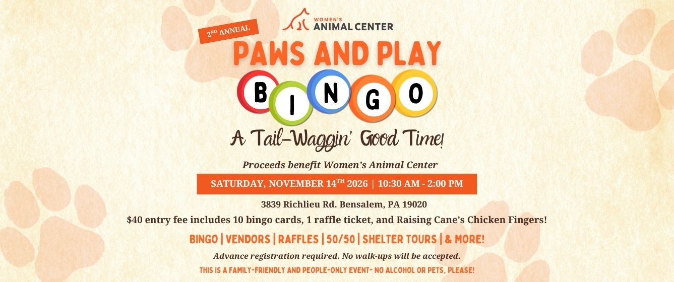 Paws and Play Bingo at Women's Animal Center. Saturday, November 14, 2026. 10:30 AM - 2:00 PM