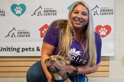 A woman in a purple shirt smiles as she kneels behind a small brown dog.