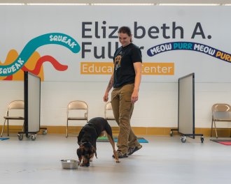 Woman in black shirt smiles down at a black dog.